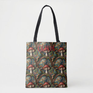 Retro elegant bohemian mushroom forest pattern tote bag
