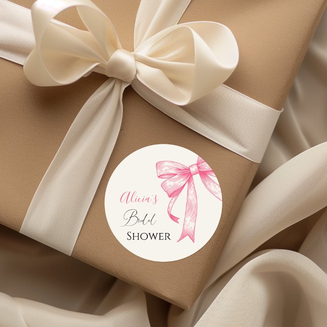 Retro Elegant Coquette Pink Bow Bridal Shower Classic Round Sticker (Creator Uploaded)