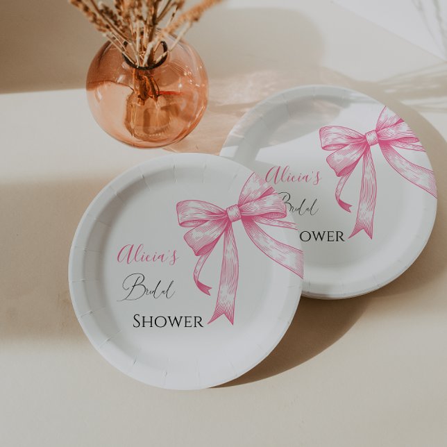 Retro Elegant Coquette Pink Bow Bridal Shower Paper Plate (Creator Uploaded)