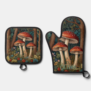 Retro elegant mushroom forest oven mitt & pot holder set