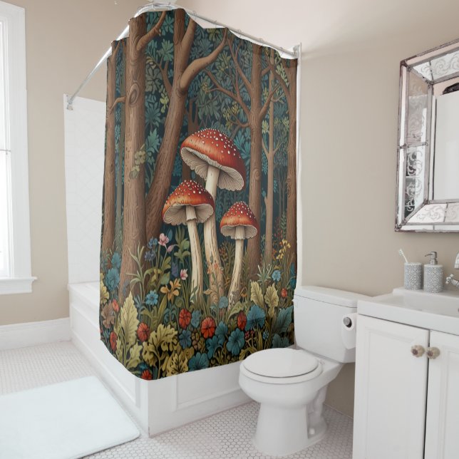Retro elegant mushroom forest shower curtain (In Situ)
