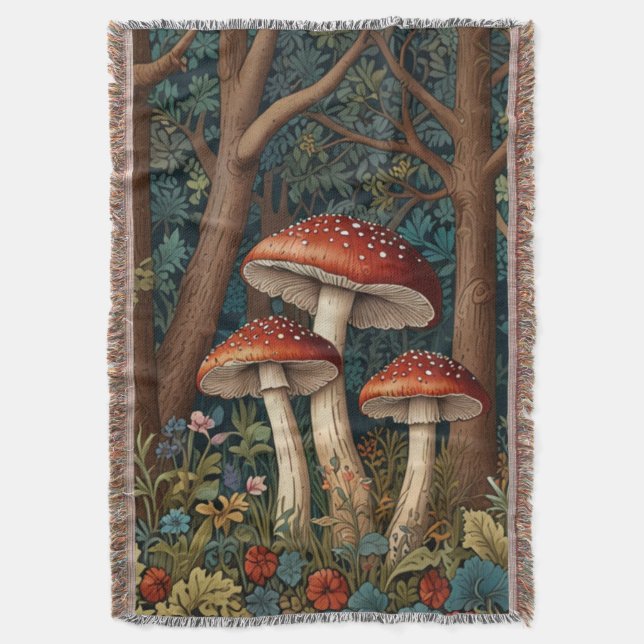 Retro elegant mushroom forest throw blanket (Front Vertical)