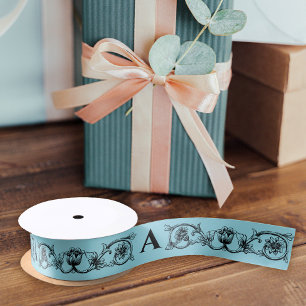 Retro Elegant Pastel Aqua Blue Floral And Monogram Satin Ribbon