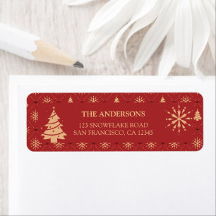 Retro Elegant Red Gold Christmas Tree Snowflake Return Address Label