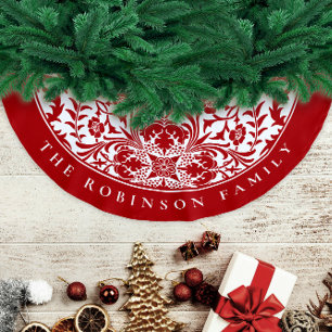 Retro Elegant Red White Christmas Floral Pattern Brushed Polyester Tree Skirt