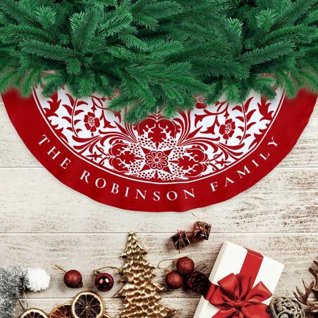 Retro Elegant Red White Christmas Floral Pattern Brushed Polyester Tree Skirt (Creator Uploaded)