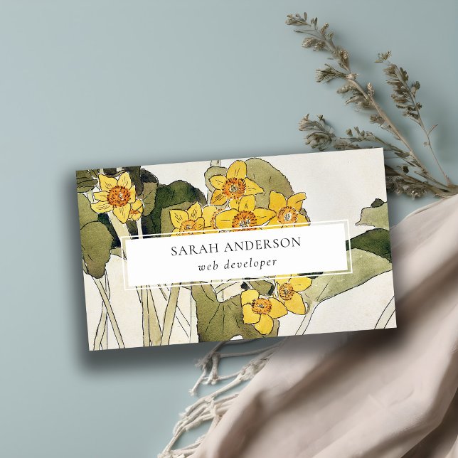Retro Elegant Rustic Yellow Green Daffodil Floral Business Card (Creator Uploaded)