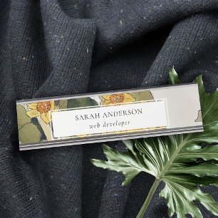 Retro Elegant Rustic Yellow Green Daffodil Floral Desk Name Plate