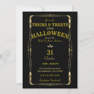 Retro Elegant Vintage Black & Gold Deco Halloween  Invitation