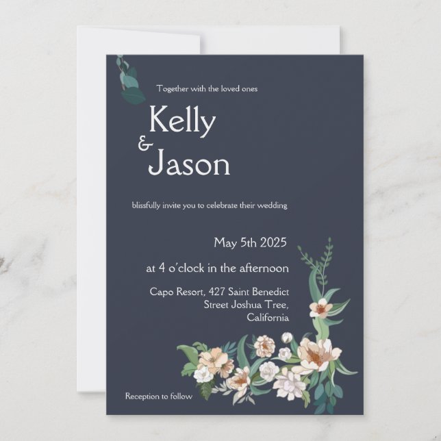 Retro Elegant white Flower Frame Navy Background I Invitation (Front)