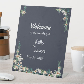 Retro Elegant white Flower Frame Navy Background Pedestal Sign