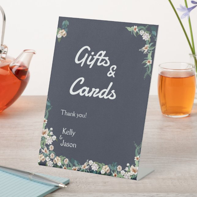 Retro Elegant white Flower Frame Navy Background Pedestal Sign (In SItu)