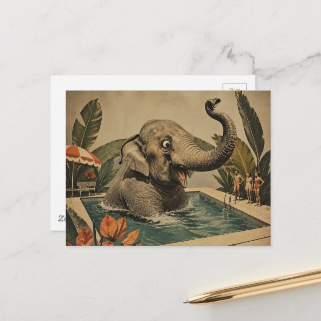 Retro Elephant in the pool Postcard (Front/Back In Situ)