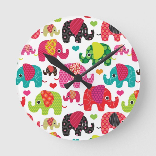 retro elephant kids pattern wallpaper round clock (Front)