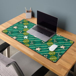 Retro emerald green & pink flower striped desk mat