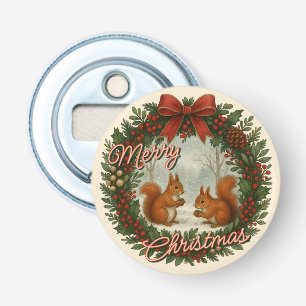 Retro English Holiday Wreath With Cute Squirrels Bottle Opener