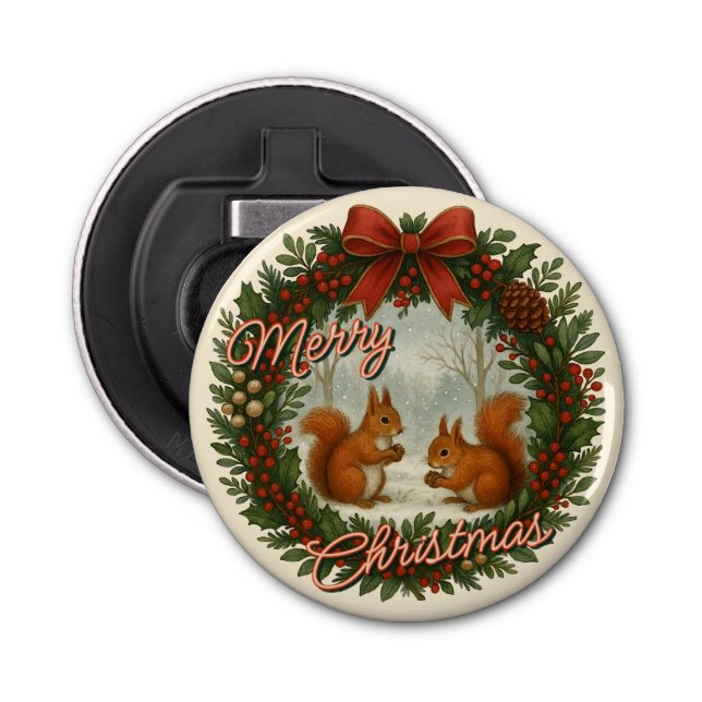 Retro English Holiday Wreath With Cute Squirrels Bottle Opener (Front)