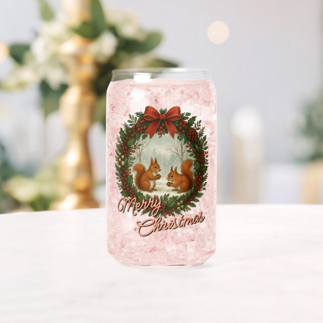 Retro English Holiday Wreath With Cute Squirrels Can Glass (Insitu (Wedding))