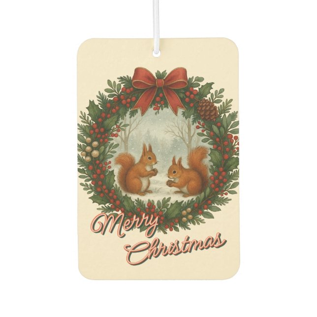 Retro English Holiday Wreath With Cute Squirrels Car Air Freshener (Front)