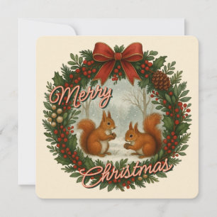 Retro English Holiday Wreath With Cute Squirrels Card