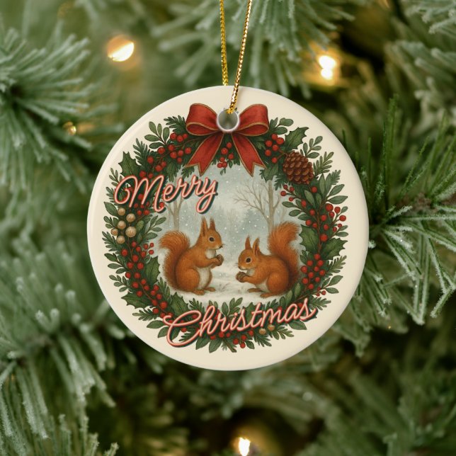 Retro English Holiday Wreath With Cute Squirrels Ceramic Ornament (Tree)