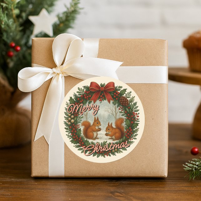 Retro English Holiday Wreath With Cute Squirrels Classic Round Sticker (Creator Uploaded)