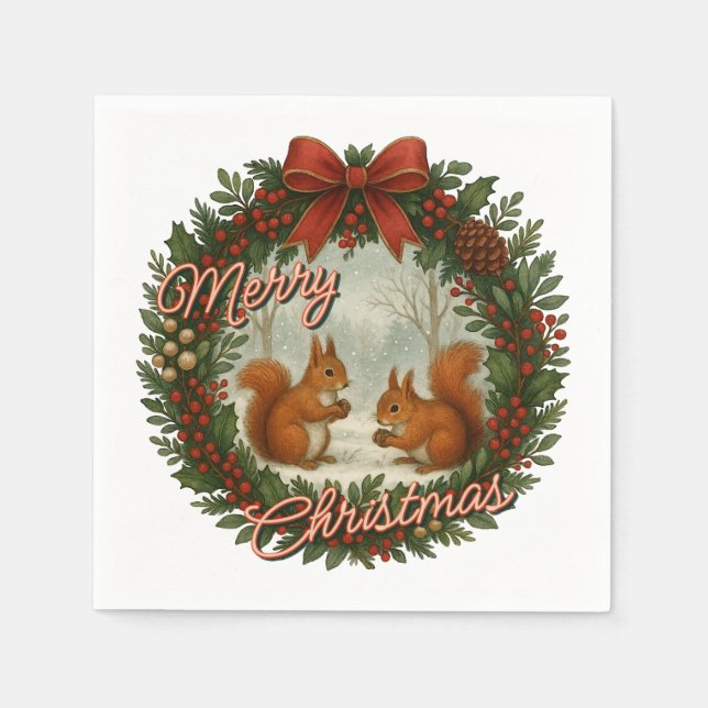 Retro English Holiday Wreath With Cute Squirrels Napkin (Front)