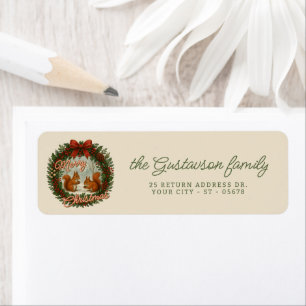 Retro English Holiday Wreath With Cute Squirrels Return Address Label