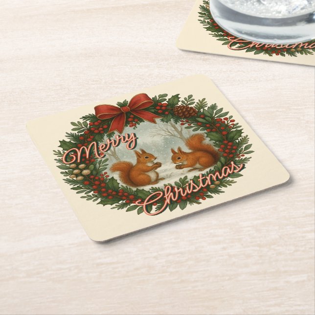 Retro English Holiday Wreath With Cute Squirrels Square Paper Coaster (Angled)