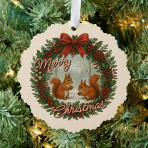 Retro English Holiday Wreath With Cute Squirrels Tree Decoration Card