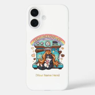 Retro Espresso Cat Coffee Barista Personalised iPhone 16 Case