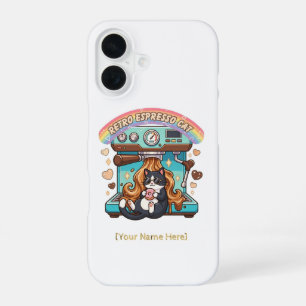 Retro Espresso Cat Coffee Barista Personalised iPhone 16 Case