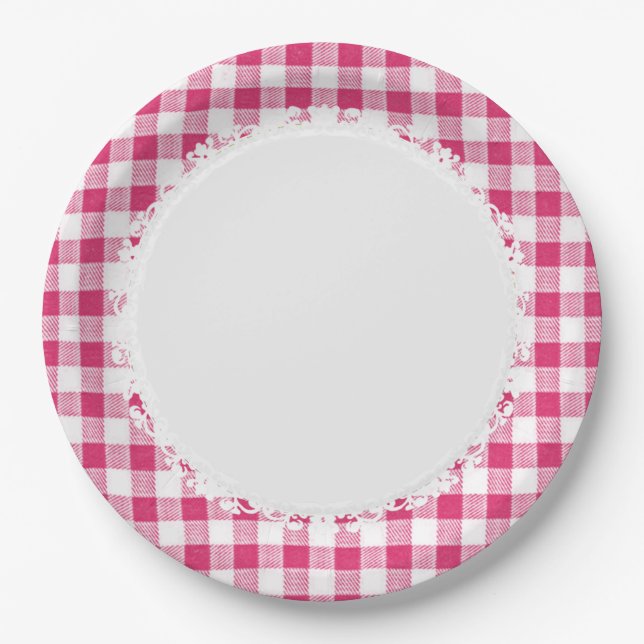 Retro-Everyday_Picnic_Pink-Check_Plaid Paper Plate (Front)