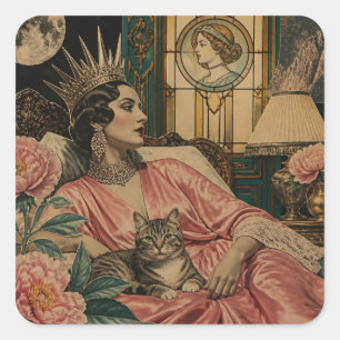 Retro Fairytale Queen and Her Cat in Bed Square Sticker