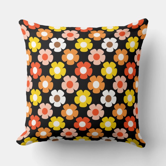 Retro Fall Autumn Flowers Pattern Black  Cushion (Front)