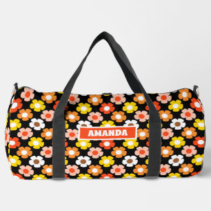 Retro Fall Autumn Flowers Pattern Black Duffle Bag