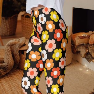 Retro Fall Autumn Flowers Pattern Black Leggings