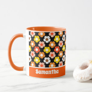 Retro Fall Autumn Flowers Pattern Black Mug