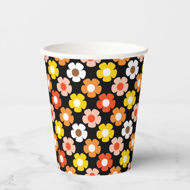 Retro Fall Autumn Flowers Pattern Black Paper Cups (Front)
