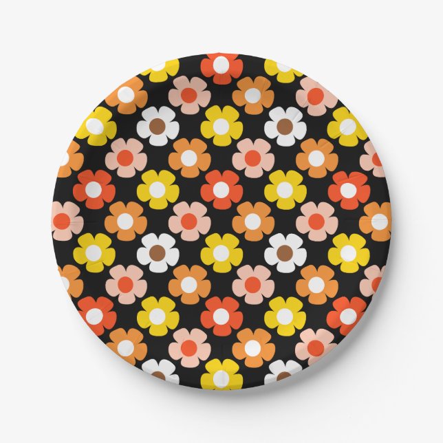 Retro Fall Autumn Flowers Pattern Black Paper Plate (Front)