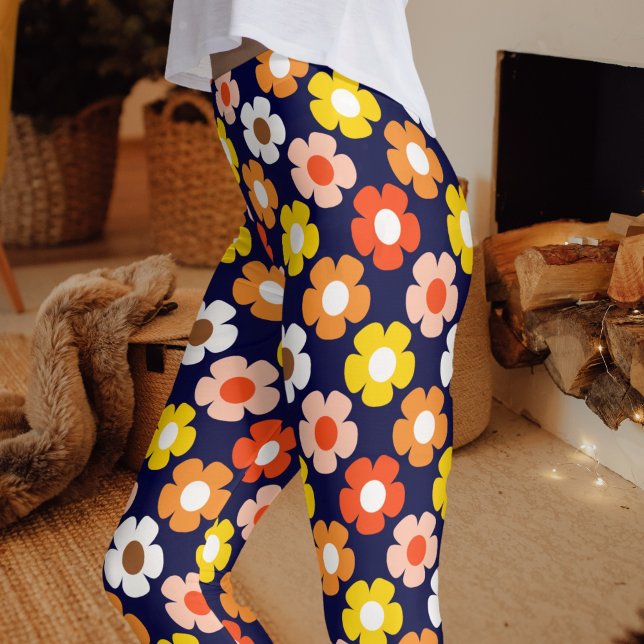 Retro Fall Autumn Flowers Pattern Blue Leggings (Creator Uploaded)