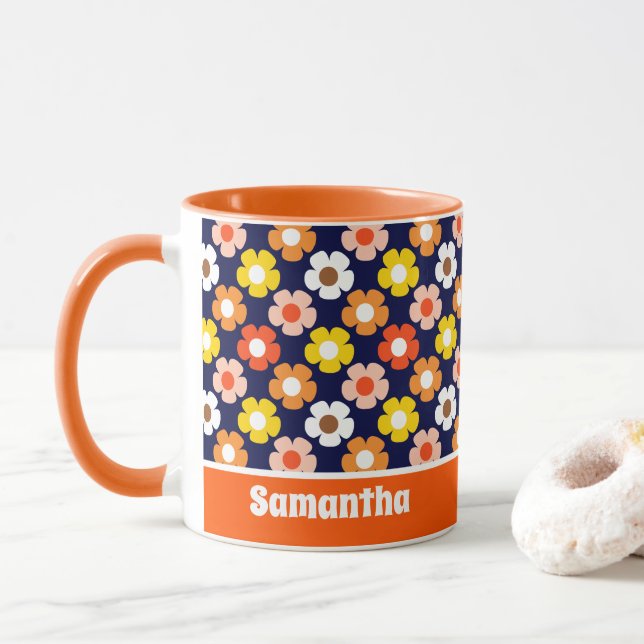 Retro Fall Autumn Flowers Pattern Blue Mug (With Donut)