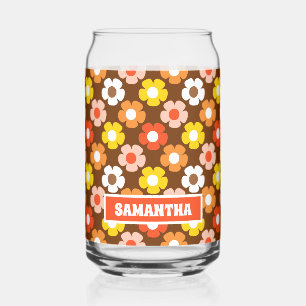 Retro Fall Autumn Flowers Pattern Brown Can Glass
