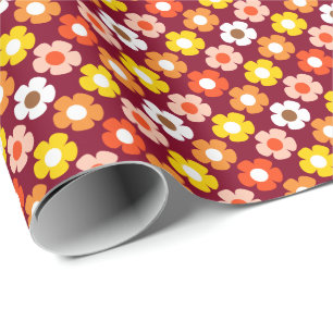 Retro Fall Autumn Flowers Pattern Burgundy Wrapping Paper