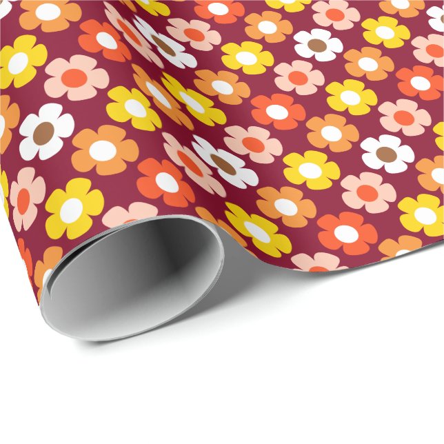 Retro Fall Autumn Flowers Pattern Burgundy Wrapping Paper (Roll Corner)