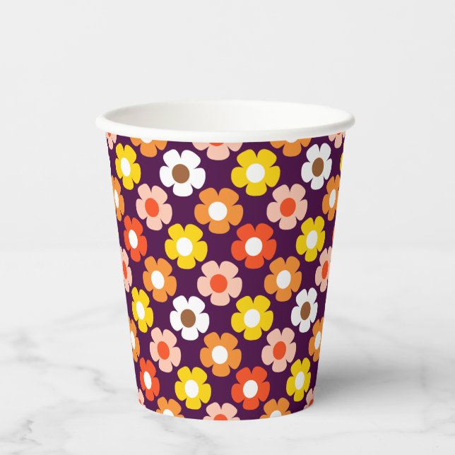 Retro Fall Autumn Flowers Pattern Purple Paper Cups (Front)