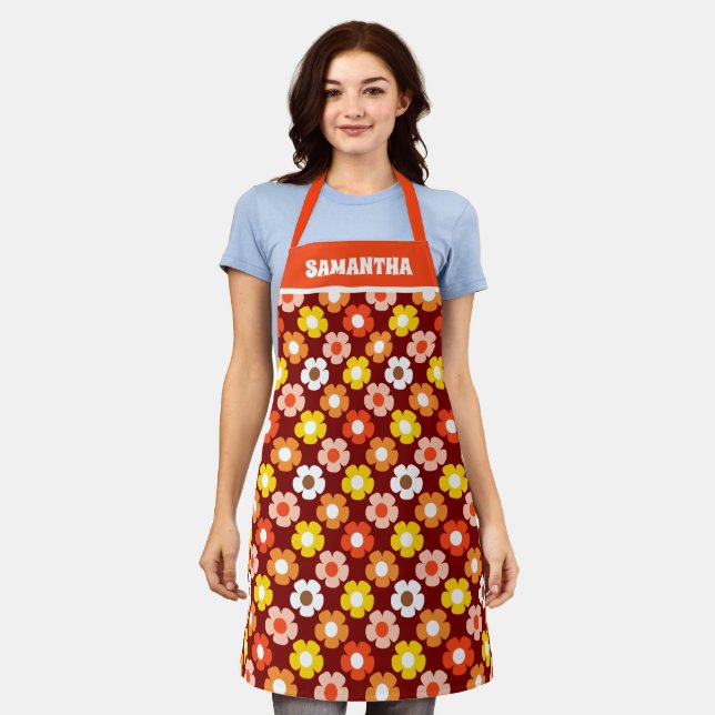 Retro Fall Autumn Flowers Pattern Red Apron (Worn)