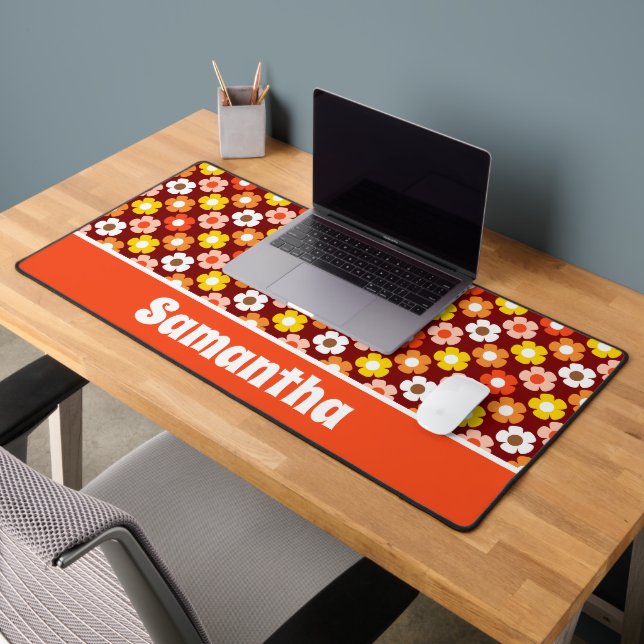 Retro Fall Autumn Flowers Pattern Red Desk Mat (Office 2)
