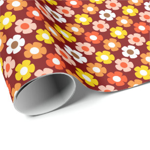 Retro Fall Autumn Flowers Pattern Red Wrapping Paper