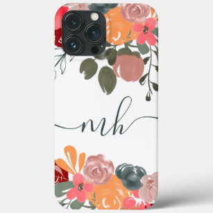 Retro fall  boho floral watercolor monogram iPhone 13 pro max case